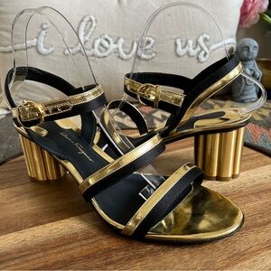 Salvatore Ferragamo TORINO Black Satin/Gold Leather Flower Block Heel Sandals 9B